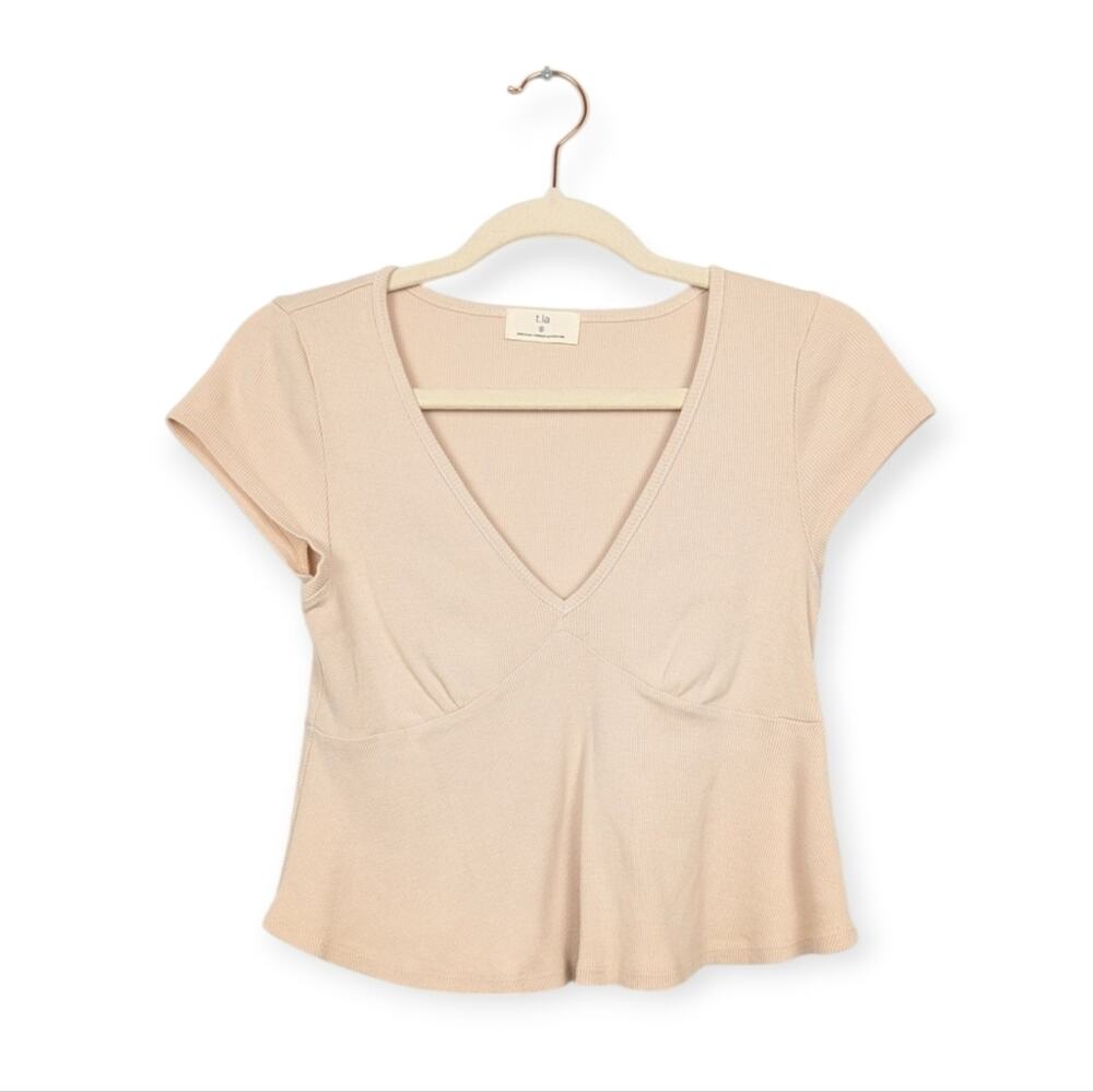 Anthropologie T La Ribbed Top S Beige V Neck Cap Sleeve Fitted Casual Minimalist